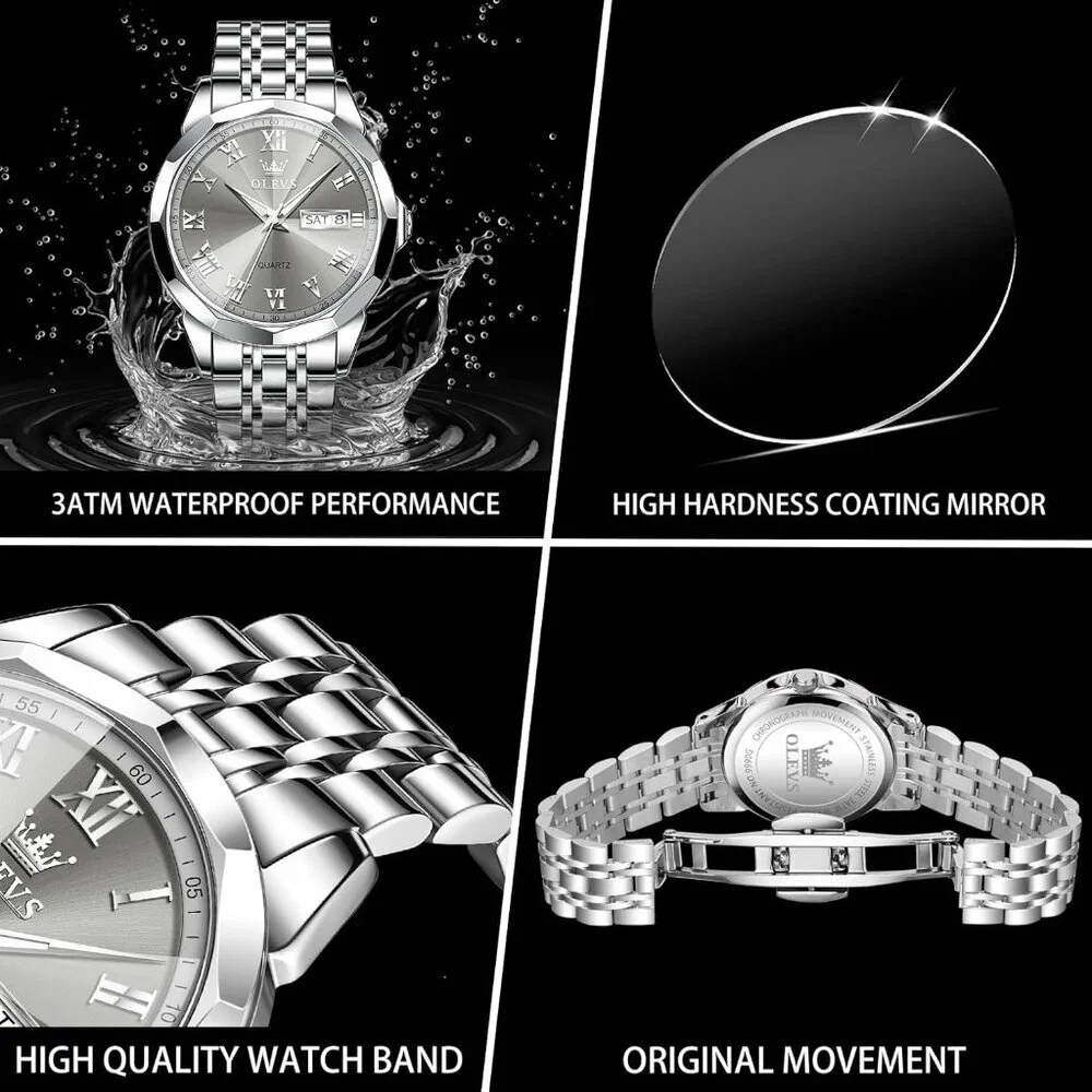 Olevs Men's Silver Grey Steel Stain Waterproof Stainless Luminous Stylish Watch